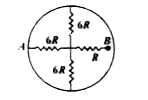 A circular ring having negligible resistance is used to connect four resistors of resistances 6R, 6R, 6R and R as shown in figure. Find the equivalent resistances between A and B.