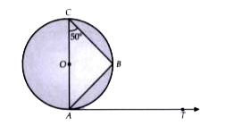 In the given figure A,B is a chord of the circle and AOC is its diameter ,such that angleACB=50^(@) .If AT is the tangent to the circle at the point A, then angleBAT is equal to :