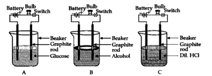 Suhana takes  three beakers, A, B and C filled  with aqueous solutions of glucose, alcohol and hydrochloric acid repectively as shown  in the following figure.        Which of the following are present in a dilute aqueous solution of hydrochloric acid?
