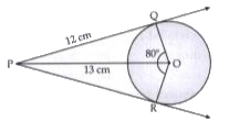A point P is 13 cm from the centre of the circle. The two tangent PQ and PR are drawn from the point P, The length of the tangent drawn from P to the circle is 12 cm.    anglePQO is equal to ………. .