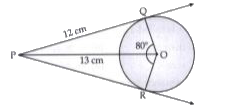A point P is 13 cm from the centre of the circle. The two tangent PQ and PR are drawn from the point P, The length of the tangent drawn from P to the circle is 12 cm.   Find the angle QPR.