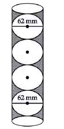 Five tennis balls, diameter 62 mm are placed in cylindrical card tubes.  Find the volume of unfilled space (shaded area) in the tube:     Find the volume of unfilled space (shaded area) in the tube.