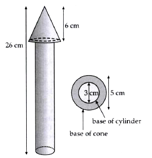 A wooden toy rocket is in the shape of a cone mounted on a cylinder, as shown in figure. The height of the entire rocket is 26 cm, while the height of the conical part is 6 cm. The base of the conical partition has a diameter of 5 cm, while the base diameter of the cylindrical protion is 3 cm.       If the conical portion is to be painted orange, find the area to be painted orange. Find the area of the rockeeet peainted with each of these colours? (Take pi = 3.14)