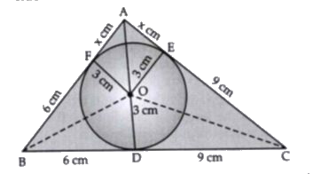 In figure , a triangle ABC is drawn to circumscribe a circle of radius 3 cm , such that segments BD and DC are of length 6 cm and 9 cm .If the area of triangleABC=54 cm^2, then find the lengths of the side AB and AC.