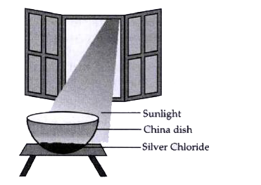 The following diagram displays a chemical reaction. Observe carefully and answer the following questions :      What happens to the silver chloride?