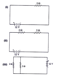 In the following circuits heat produced in the resistor or combination of resistors connected to a 12 V battery will be