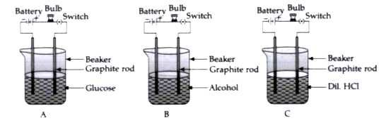 Observe the following diagram and answer any four questions from (i) and (v) given below.   During an experiment, Rehana took three beakers A, B and C filled with aqueous solutions of glucose, alcohol and hydrochloric acid respectively as shown in the following figure :      If the property of ion formation is considered, which of the following options is correct ?