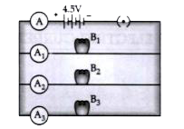Study the circuit shown in which three identical  bulbs B1, B2 and B3  are connected in parallel with a battery of 4.5 V. Answer any four questions given below:       Find the total resistance of the circuit if ammeter A reads 1A.