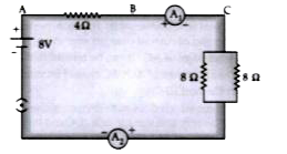 Study the following circuit and answer any four questions given below:      What will be the power dissipated in 4 Omega  resistor.