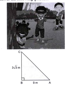 Three friends Nikita, Palak and Kanika are playing hide and seek in a park. Nikita, Palak hide in the shrubs and Kanika have to find both of them . If the position of three friends are at A, B and C respectively as shown in the figure and forms a right angled triangle such that AB = 9 cm BC = 3 sqrt(3) m and  angle B = 90^(@) then answer the following questions        What is the distance between Nikita and Kanika ?