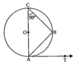 In figure, AB is a chord of the circle AOC is its diameter such that angleACB = 50^(@). If AT is the tangent to the circle at the point A, then angleBAT is equal to: