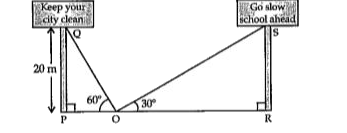 Two hoardings are put on two poles of equal heights standing on either side of the road. From a point between them on the road (not the mid point) the angle of elevation of the top of poles are 60^(@) and 30^(@) respectively. Height of the each pole is 20 m. (Take sqrt3=1.73)     Answer the following questions.   Find the length of PO.