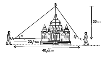 Two men on either side of temple of 30 m height observe its top at the angle of elevation alpha and beta respectively. The distanc between the two men is 40 sqrt3 m and distance between men A and the temple is 30 sqrt3 m.       Based on above information answer the following question :   angle ABC = ?