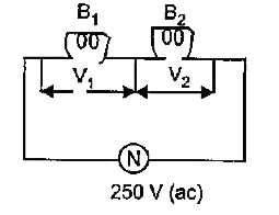 Two bulbs B(1) and B(2)  are connected in series with an source of emf 250 V as shown in the figure 15 below. The labels on the bulbs read 250 V, 80 W and 250 V, 100 W respectively.        What will be the ratio of the resistance of the bulbs R(1)//R(2)?