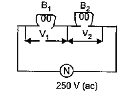 Two bulbs B(1) and B(2)  are connected in series with an source of emf 250 V as shown in the figure 15 below. The labels on the bulbs read 250 V, 80 W and 250 V, 100 W respectively.        What will be the ratio of the power consumed (P1/P2) when connected in series?