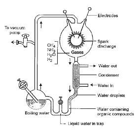 Read the following passage and answer the questions that follow.      Urey & Miller tried to create in the laboratory the similar conditions which might have existed in early primitive atmosphere. A mixture of water vapours, methane, ammonia & hydrogen is exposed to electric discharge in a closed chamber, this fluid thus formed is allowed to stand for several week as a result, amino acids e.g. glycerine & alanine are formed from fluid. They suggested that electric discharge produced during lightening in primitive atmosphere of earth might have resulted in formation of organic           This experiment created primitive earth conditions. These conditions include