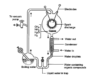 Read the following passage and answer the questions that follow.      Urey & Miller tried to create in the laboratory the similar conditions which might have existed in early primitive atmosphere. A mixture of water vapours, methane, ammonia & hydrogen is exposed to electric discharge in a closed chamber, this fluid thus formed is allowed to stand for several week as a result, amino acids e.g. glycerine & alanine are formed from fluid. They suggested that electric discharge produced during lightening in primitive atmosphere of earth might have resulted in formation of organic          Miller in his experiment, synthesized simple amino acid from