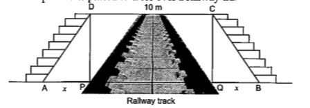 An iron bridge in form of a trapezium is placed to cross over a railway tack 10m wide.      Find the value of DP if AP = QB = x m and AD = BC = 10 m.