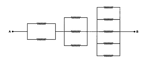 The resistance of 12 Omega each are connected as shown in the figure. Then, the effective resistance between A and B is: