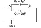 Two capacitors C1=1muF,C2=2muF are connected in parallel to a 100 V battery as shown in figure below. The equivalent capacitance of the circuit on point A and B and charge on C, will be: