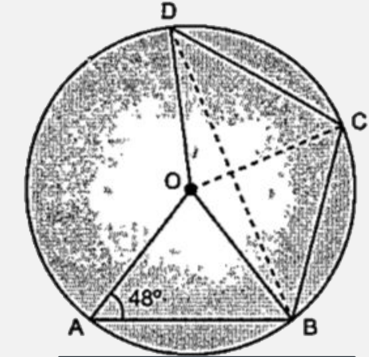 In the given 'O' is the centre of the circle, Arc AB = Arc BC = Cd. If angle OAB = 48 ^(@), find:        angle OBD