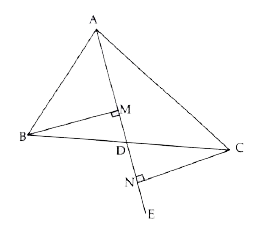 In the given figure ABC is a triangle and D is the mid-point of BC. AD is produced to E. BM and CN are two perpendiculars dropped from B and C respectively on AE.   Prove that : (i) Delta BMD ~= Delta CND (ii) BM = CN