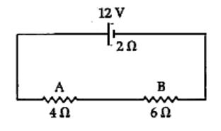 A battery of e.m.f. 12 V and internal resistance 2 Omega is connected with two resistors A and B of resistance 4 Omega and 6 Omega respectively joined in series.       Find The potential difference across 6 Omega Resistor.