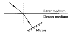 A ray of light is moving from a rarer medium to a denser medium and strikes a plane mirror placed at 90^@ to the direction of the ray as shown in the diagram.      Copy the diagram and mark arrows to show the path of the ray of light after it is reflected from the mirror.