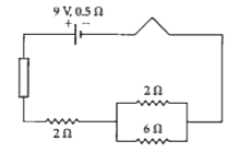 In the circuit diagram given below, a cell of 9 V and internal resistance of 0.5 (Omega) is connected across a resistor A of 2Omega in series and two resistors of 2Omega and 6Omega in parallel.      Find    The current in the 6Omega resistor.