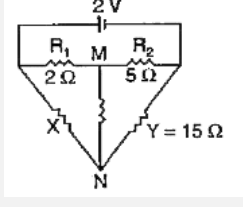 Find the value of resistance X in the given circuit. So that the junctions M and N are the same potential.