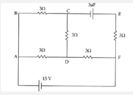 In the circuit shown in the figure, find the total resistance of the circuit and current in CD arm.