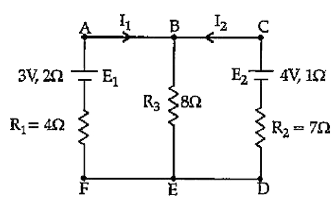 E(1) and E(2) are two batteries having emfs of 3V and 4V and internal resistances of 2Omega