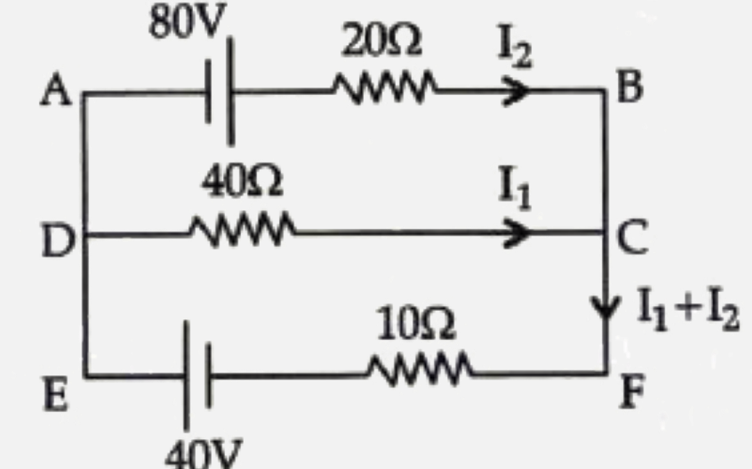 Using Kirchhoff.s rule, calculate the current through 40Omega and 20Omega resistors in the following circuit.