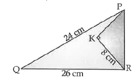 In the given triangle PQR, / QPR = 90^(@), PQ = 24 cm and QR = 26 cm and in Delta PKR, / PKR = 90^(@) and KR = 8 cm, find PK