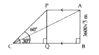 The angle of elevation  of an aircraft from a point on horizontal ground is found to be 30^(@). The angle of elevation of same aircraft after 24 seconds which is moving horizontally to the ground is found to be 60^(@). If the height of the aircraft from the ground is 3600 sqrt(3) metres, find the velocity of the aircraft.