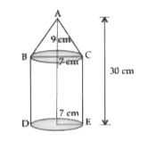 A solid is in the form of cone mounted on a right cylinder, both  having same radii as shown in the figure. The radius of the base and height of the cone are 7 cm and 9 cm respectively. If the total height of the solid is 30 cm, find the volume of the solid.