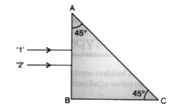 Two monochromatic rays of light are incident normally on the face AB of an isosceles right-angled prism ABC. The refractive indices of the glass prism for the two rays '1' and '2' are respectively 1.35 and 1.45. Trace the path of these rays after entering through the prism.