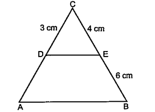 In DeltaABC, DEIIAB,  If CD=3 cm, EC=4 cm, BE=6 cm, then DA is equal to: