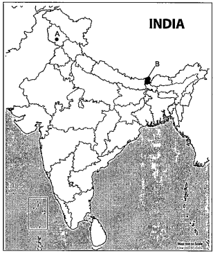 On the given outline map of India, identify the locations with the hel
