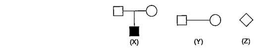 Read the statements about (X),(Y) an d(Z).     Symbol (X) is used for affected male child   Symbol (Y) is used for mating   Symbol (Y) is used for unspecified sex