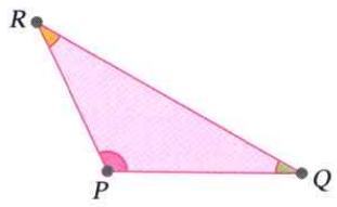 In the given triangle, name the following:   (a). The vertices of the triangle   (b). The sides of the triangle   (c) the side opposite to vertex Q   (d) the vertex opposite to side PQ   (e) the three angles using three letters   (f) the three angles using a single letter