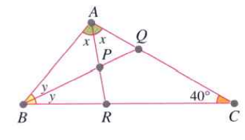 In DeltaABC, angleC=40^(@),BQ and AR are the angle bisectors of angleB and angleA, respectively. Find angleAPQ.