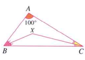 In DeltaABC,angle=100^(@). Line segment BX divides angleB into two equal parts and CX divides angleC into two equal parts. Find angleBXC.