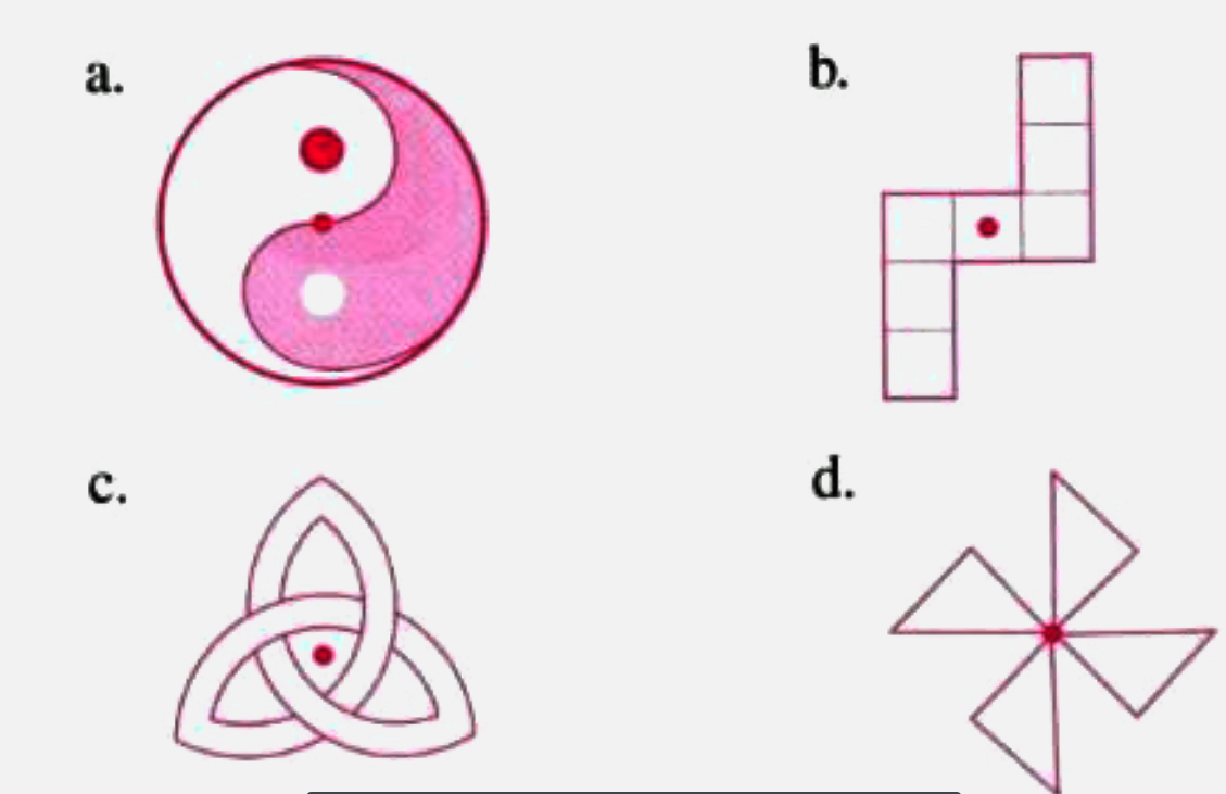 Which of the following figures have rotational symmetry about the centre of rotation marked by the red dot ?
