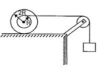In the figure shown mass of both the spool and block is m moment of inertia of the spool about centre of mass is 2mR^2 the spools rolls on horizontal surface there is no slipping at any surfaces in contact the ratio of kinetic energy of the spool to that of block is