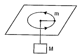 A small mass m is rotating on a circular path of radius ton a smooth horizontal table with speed V. The centripetal force is provided by a light inextensible string tied to m and passing through a hole in the table at the centre of the circle and having a mass M hanging at its lower end. The mass M is suddenly increased to 8M. Find the new radius of the circle and the new velocity of m when the system attains equilibrium