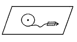 A block of mass m is attached to a pulley disc of equal mass m, radius r by means of a slack string as shown. The pulley is hinged about its centre on a horizontal table and the block is projected with an initial velocity of 5 m/s. Its velocity when the string becomes taut will be :