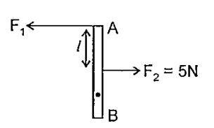 A thin uniform rod AB of mass 1 kg move translationally with acceleration a = 2m//s^2 due to iwo antiparallel force as shown. If l = 20 cm then
