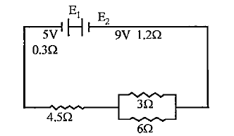 Two cells E1 and E2 have and emf of 5V and 9V and internal resistances of 0.3Omega and 1.2Omega respectively. Calculate the value of current following through the resistance of 3Omega.