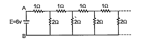 An infinite ladder network of resistances is constituted with 1Omega and 2Omega resistances as shown. The 6v battery between A and B has negligible internal resistance.   What is the current that passes through the 2Omega resistance nearest to the battery?